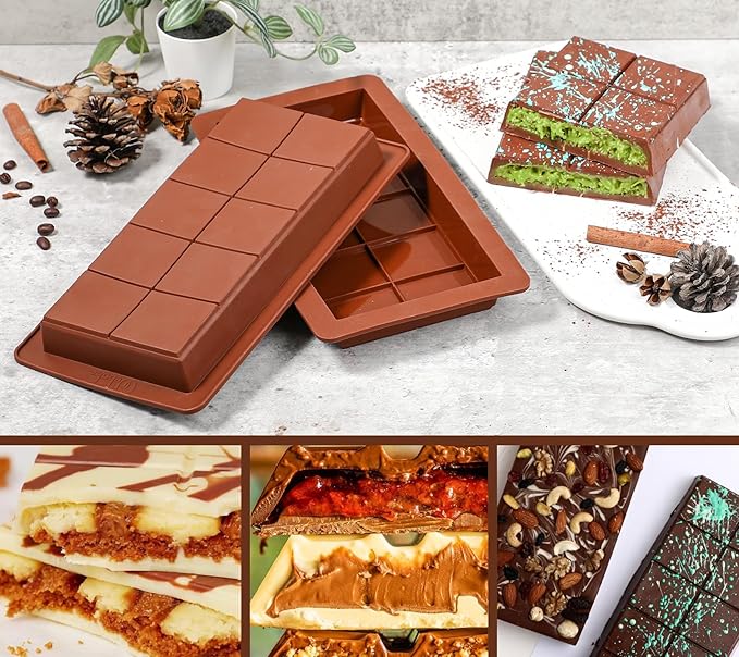 Webake The Original Deep Chocolate Bar Molds 2 Pack, 1 Inch Deep Large and Thick Silicone Chocolate Bar Molds for Stuffed Bar, Big Chocolate Candy Bar Mold for Filling Knafeh Pistachio Chocolate Bar
