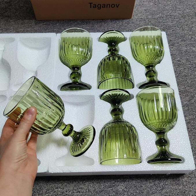 Taganov Green Water Glasses Drinking Wine Goblet set of 6 Vintage Glassware Colored Stemware 11 ounce for Wedding Party Bar Vertical Embossed Pattern Stemmed Cups 330 ml - Image 5