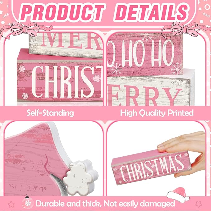 Moucuny 4 Pcs Christmas Table Decorations Pink Santa Hat Decor Christmas Tiered Tray Decor Rustic Wood Pink Hat Block Sign Gift Xmas Table Centerpiece Farmhouse for Home Shelf Kitchen Decorations - Image 4