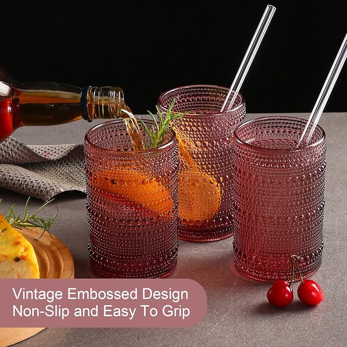 ZMOWIPDL Drinking Glasses Set of 6,15 oz Purple Hobnail Glass Cups | Vintage Glassware，Embossed Water Tumbler,for Beer,Cocktail,Whiskey,Juice and Various Mixed Drinks- 1 Cleaning Brush - Image 7