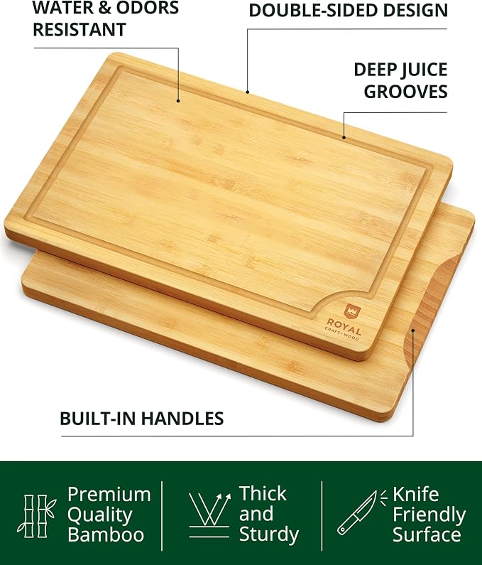 ROYAL CRAFT WOOD Wooden Cutting Boards for Kitchen Meal Prep & Serving - Bamboo Wood Serving Board Set with Deep Juice Groove Side Handles - Charcuterie & Chopping Butcher Block for Meat - Image 2