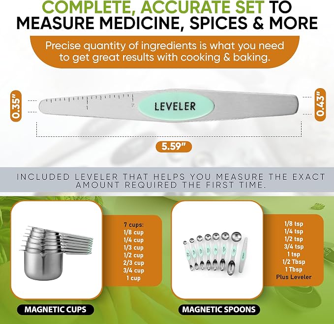 Spring Chef Magnetic Measuring Cups & Spoons Set of 15, Patented, Mint | Stackable Stainless Steel Measuring Cups & Heavy Duty Metal Measuring Spoons with Levelers for Dry & Liquid Ingredients - Image 6