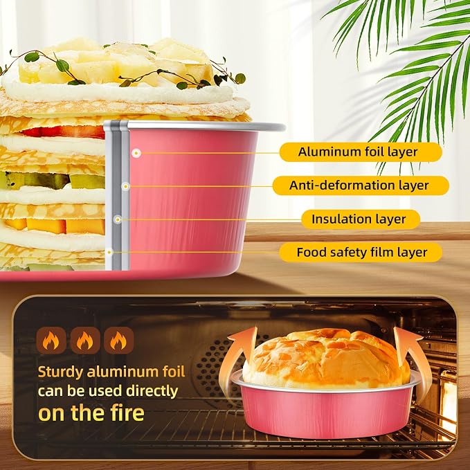 Beasea 120 Pack Disposable Ramekins with Lids, 7.3oz Grapefruit Pink Aluminum Foil Mini Pie Tins Pans Small Baking Cups, Round 4 inch Individual Cake Pans Tin for Creme Brulee Cheesecake Tart Pie - Image 3