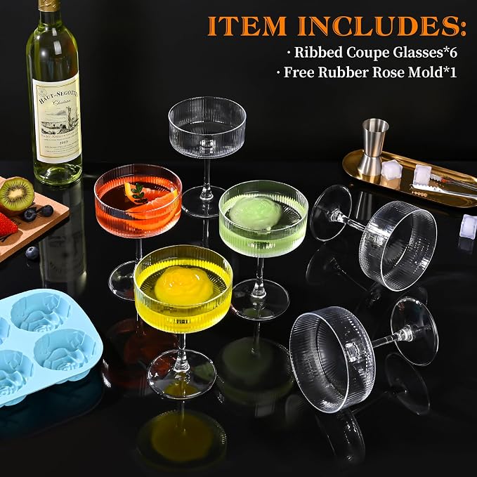 Amyoole Vintage Ribbed Coupe Glasses Set of 6, 11oz Martini Glasses | Clear 100% Crystal, Bar Drinking Glasses, Elegant Cocktail Glasses, for Champagne, Margaritas, Espresso, With Rose Ice Mold - Image 4