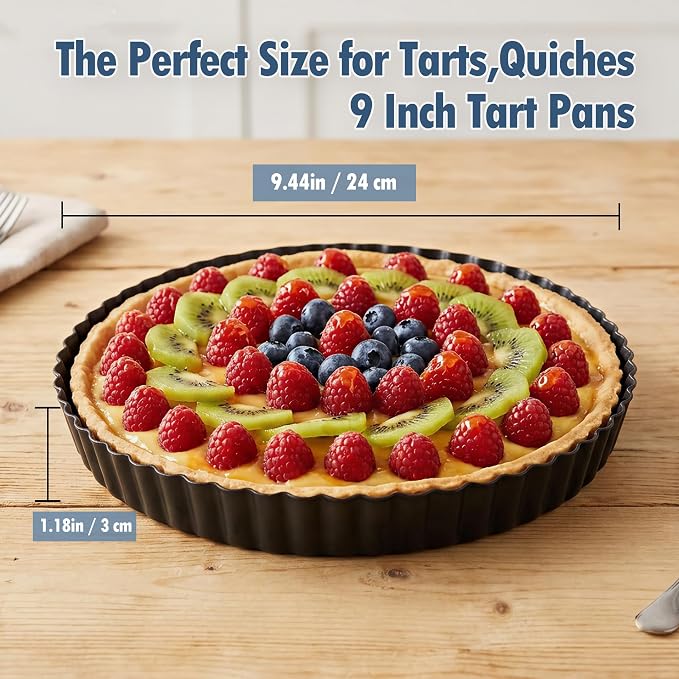 2 Pack 9 Inch Tart Pan,Removable Bottom,Nonstick Carbon Steel Quiche Pan | Heavy Duty Fluted Pie Pan,Quiche Baking Dish,Pie Mold/Tart Molds for Baking Fruit Tarts,Pies & Quiches, PFOA & PTFE-Free - Image 3