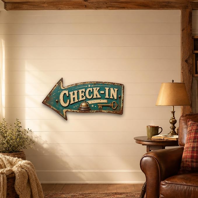 Check-In Left-Pointing Arrow Sign — Die-Cut Metal Directional Wall Decor | powder-coated metal, vintage, durable print, ready to hang - Image 5