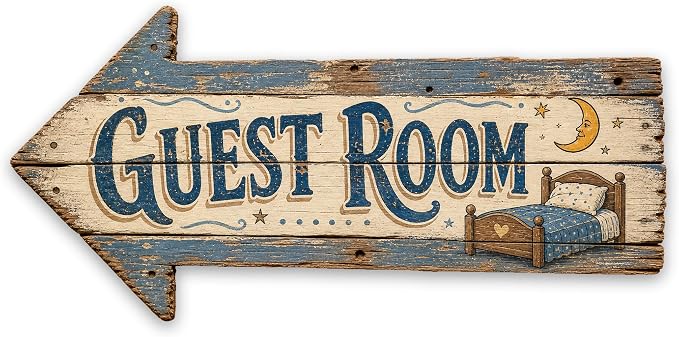 Guest Room Left-Pointing Arrow Sign | barnwood look, rustic, durable print, ready to hang by MRC+Wood+Products