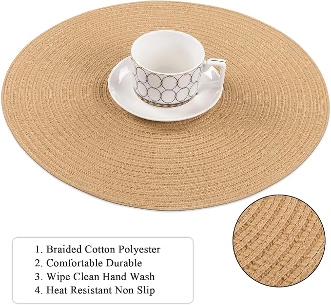 SHACOS 15 inch Round Braided Placemats Set of 4 Cotton Polyester Place Mats Washable Kitchen Dining Table Mats for Dinner Party Table Decor (Camel, 4) - Image 4