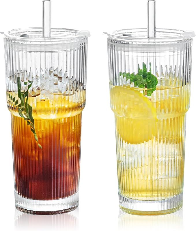 Puraville 2 Pack Glass Cups with Lids and Straws, 20oz, Ribbed Pattern | Reusable Thick Iced Coffee Tumblers for Juice Cold Drinks, Leak Proof Glassware for Summer by Puraville