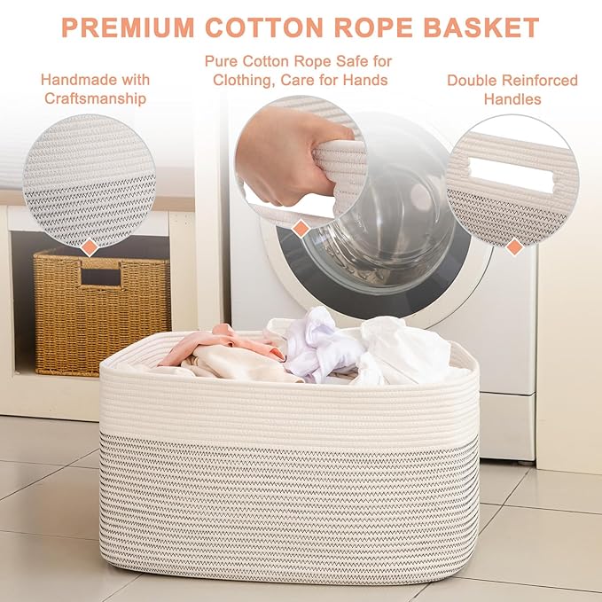 75L Large Blanket Basket, Cotton Rope Woven Storage Basket for Living Room, Toy Bin for Kids, Bedroom, Nursery, Baby Room Decorative Organizer, 22''×17''×12'', Black & White