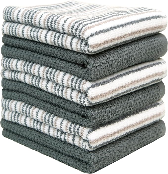 Bumble Kitchen Towels 6 Pack 100% Cotton 16"x26" - Grey Wide Stripe | 430 GSM Soft Kitchen Hand Towels with Hanging Loop, Highly Absorbent & Durable for Washing and Drying Dishes - Image 3