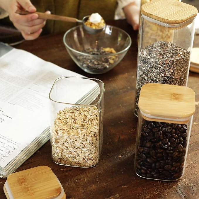 LIBWYS 8-Pack Square Glass Storage Jars with Bamboo Lids (0.6Qt/1.06Qt) | Stackable Dry Food Containers for Pantry Organization, Coffee, Flour, Snacks, Tea, Sugar | Kitchen Canisters Set - Image 2