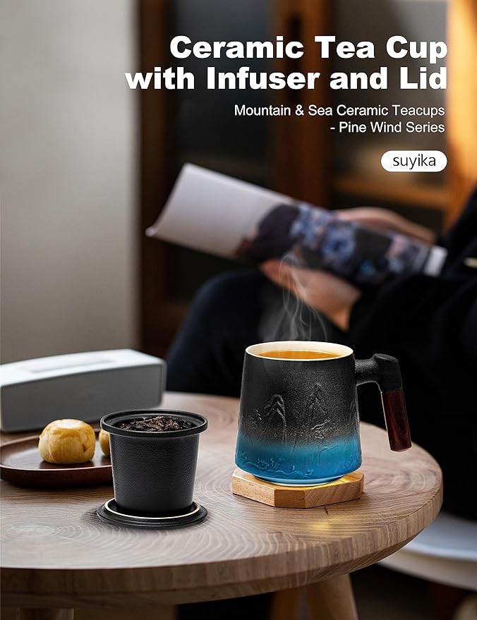 suyika Ceramic Tea Cup with Infuser and Lid, Gradient Embossed Large Tea Mug Wooden Handle for Steeping Loose Leaf, Tea Lover Gifts 15.2 oz / 450 ml,Black & Cyan - Image 6