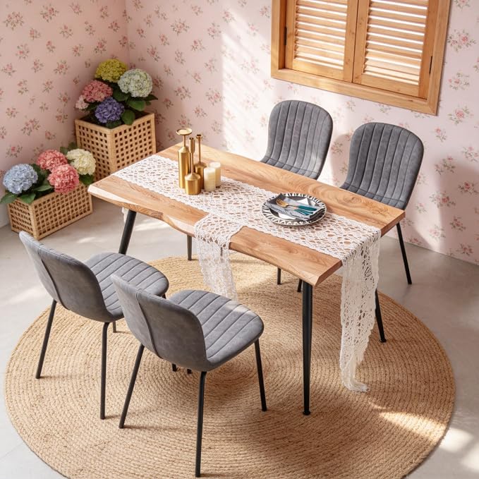 Rectangle Dining Table Set for 4 with Grey PU Leather Chairs | 5-Piece Mid-Century Modern Set, Irregular MDF Table, Wood Grain, Space-Saving for Small Spaces, Dining Rooms, Easy Clean - Image 3