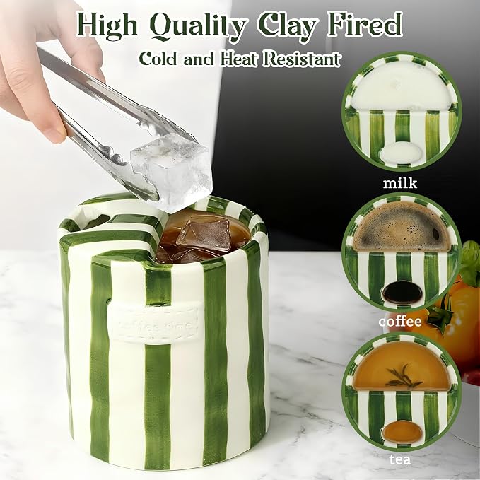 Cute Ceramic Espresso Coffee Mug with Sip Hole,10oz Novelty Retro Hand-Painted Porcelain Travel Cup,Green & White Striped Art Design,for Hot & Cold Drinks,Gift for Dad Iced Coffee Lover - Image 3