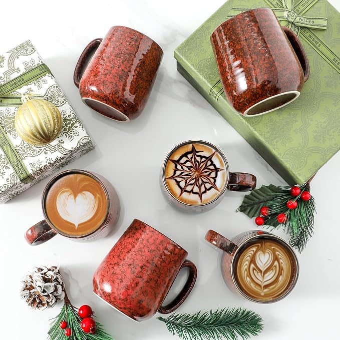 HASENSE Coffee Mugs Set of 6, 15 Ounce Ceramic Coffee Cups Set with Handle, Large Tea Mug for Kitchen, Red Cup for Tea,Cocoa, Milk, Christmas Gift for Women and Men, Dishwasher and Microwave Safe - Image 5