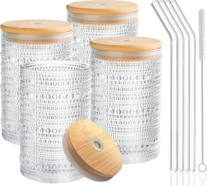 Hobnail Drinking Glasses with Bamboo Lids and Glass Straw 4Pcs Set - 14oz Vintage Glass Cups, Water Glasses, Iced Coffee Glasses, Cute Tumbler Cup, Ideal for Cocktail, Whiskey, Gift - Cleaning Brushes by Lvtrupc