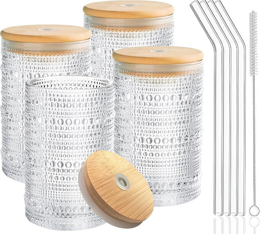 Hobnail Drinking Glasses with Bamboo Lids and Glass Straw 4Pcs Set - 14oz Vintage Glass Cups, Water Glasses, Iced Coffee Glasses, Cute Tumbler Cup, Ideal for Cocktail, Whiskey, Gift - Cleaning Brushes by Lvtrupc