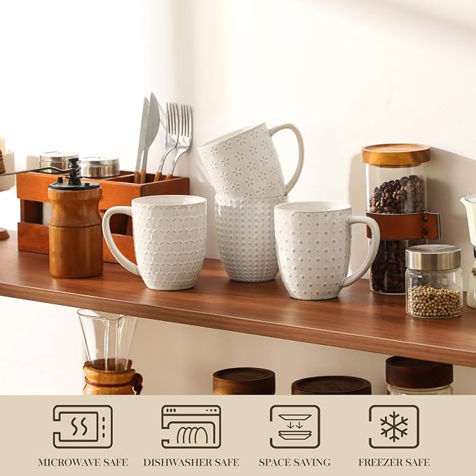 MALACASA LYDIA 16 Oz Coffee Mugs Set of 4, Ceramic Embossed Cups | For Coffee, Latte, Cappuccino, Tea, Dishwasher, Microwave Safe, Lead-Free Ceramic, Comfortable Handle, Gift Set - Image 8