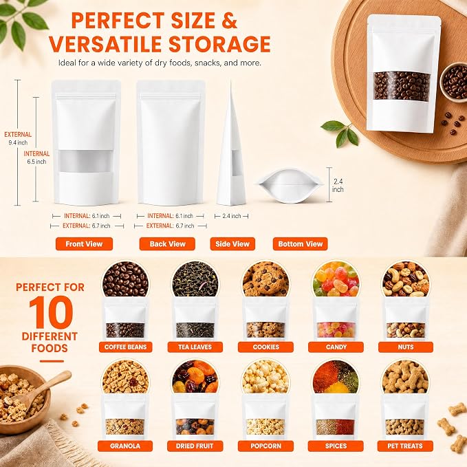 100 Pcs White Kraft Paper Bags with Window, 6.7" x 9.4" Stand Up Pouches Bags, Food Storage Bags for Packaging Products, Reusable, Sealable - Image 3