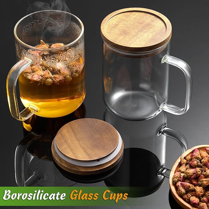 DRASTAR Glass Coffee Cups, 20 oz Large Coffee Mugs, Flat Bottomed Cups with Acacia Wood Lid, Glass Tea Cup with Handle, ClearTea Cup Set of 4