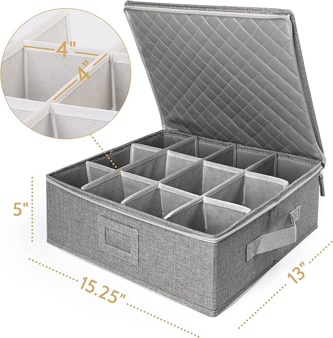 LotFancy Cup and Mug Storage Container, Hard Shell, China Coffee Mug Storage Box for Moving, with Dividers & Handles, Holds 12 Tea Cups, Grey - Image 5