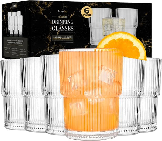 Kitchen Lux Ribbed Drinking Glasses - Ribbed Glass Cups 15 oz - Ribbed Glassware Set of 6 - Textured Vintage Retro Ripple Aesthetic Glass Ware for Whiskey Cocktail Beer Water, Coffee Bar Accessories by KitchenLux
