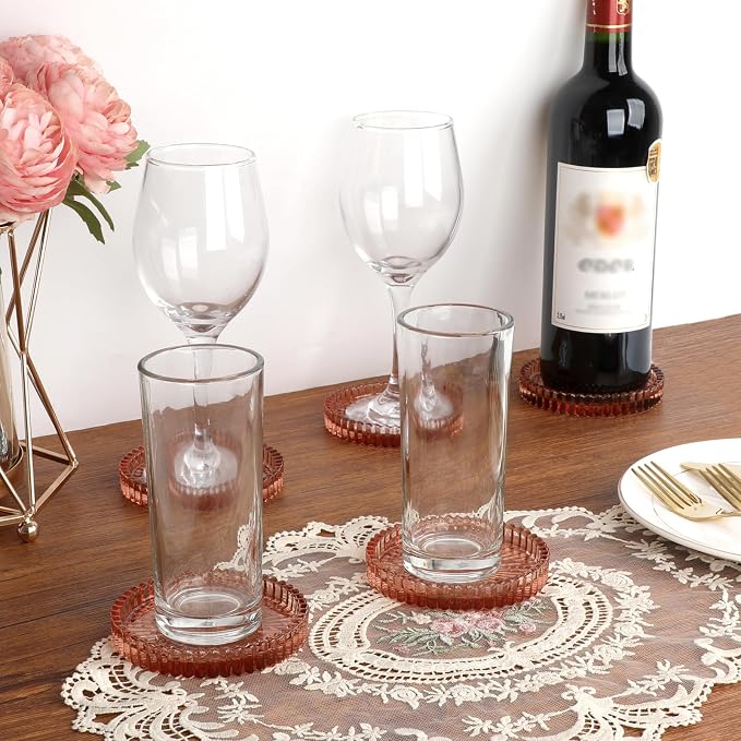 Modern Clear Coaster Set of 5- Glass Coasters for Drinks, Clear Red | Crystal Coasters Round Cup Mat Coffee Table Decor for Office, Kitchen, Bar, Dining Room, Living Room, Patio - Image 2