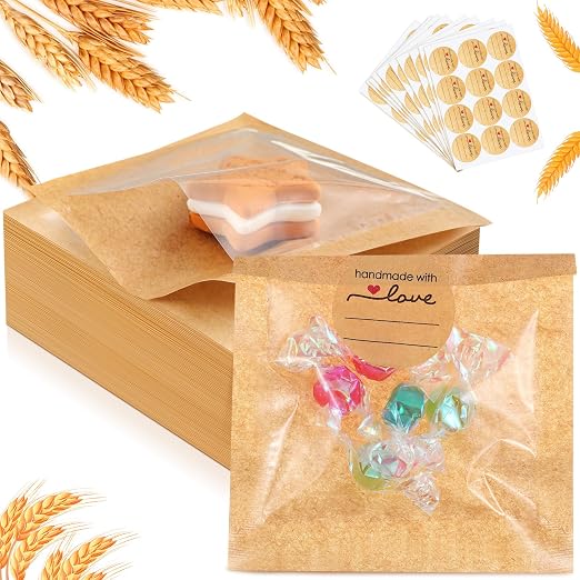 Outus 100 Pcs Cookie Packaging Bags with Seal, 3 x 3 Inch Bakery Pastry Bags with Window, Heat Sealable Grease Resistant Paper to Go Bake Sleeves for Gift Giving Donut Bread Sandwich (Brown) by Outus
