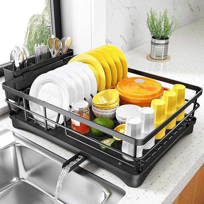 SNTD Dish Drying Rack for Kitchen Counter, 11.8" W x 16.7" L, Black | Rustproof Stainless Steel, Large Capacity, Self-Draining Drainboard, Rotating Spout, Removable Utensil Holder by SNTD