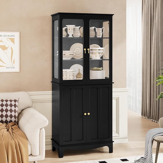 72" Tall Kitchen Pantry Cabinet with Glass Door and Adjustable Shelves, Vintage Food Storage Cabinet for Kitchen, Dining Room, Living Room, Black - Image 3