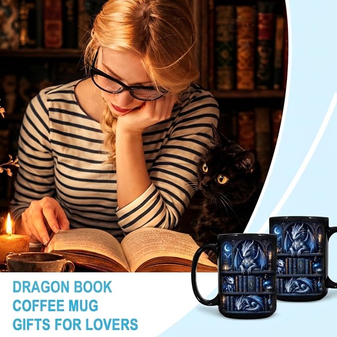 Hyturtle Dragon Bookshelf Coffee Mug 15 Oz, Book Lover Gift For Women - Image 3