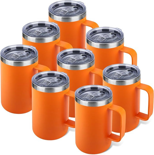 22oz Insulated Coffee Mug with Handle & Leak-Proof Lid - Double Wall Stainless Steel Travel Tumbler Bulk for Commute/Office/Home, Orange, 8 Pack by Unknown
