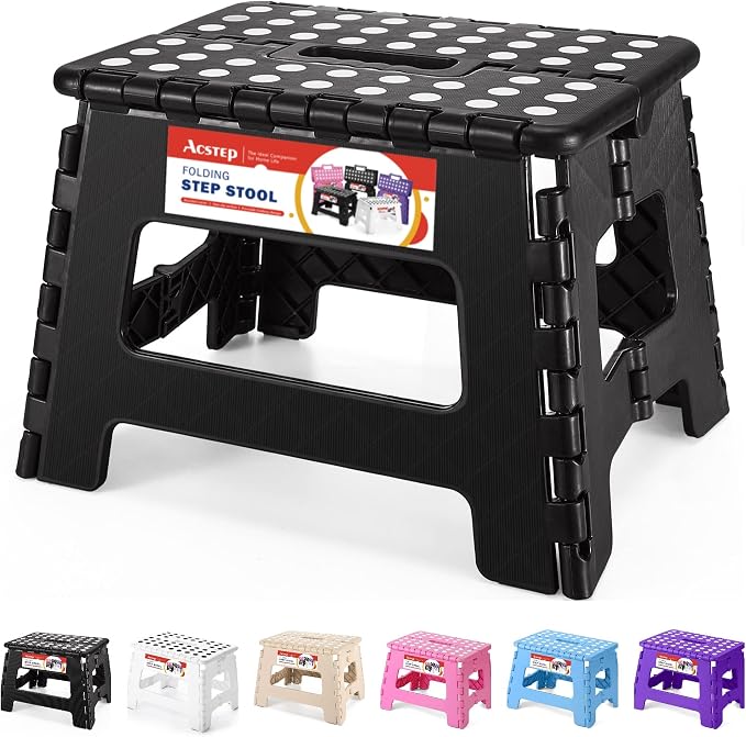 ACSTEP Folding Step Stool 9 Inch, Non-Slip Foldable Stools for Kids, Black | Heavy Duty Collapsible Foot Stool, Lightweight, Holds 300 lb for Toddler/Adults Kitchen Bathroom Bedroom Outdoor, with Handle by ACSTEP