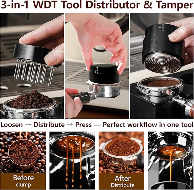 3-in-1 Coffee Distributor and Tamper with WDT Tool – Espresso Distribution Tool Set, Professional Espresso Accessories Kit, Fits 53mm Portafilters (53mm)