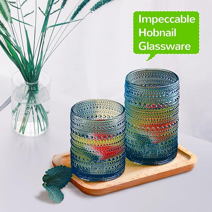 Vintage Hobnail Drinking Glasses Set of 12-14 oz Old Fashioned Glass Cups & 11 oz Cocktail Glasses, Aesthetic Kitchen Bar Tumbler Glassware Gifts Sets, Blue (12Pcs Blue XL) - Image 7