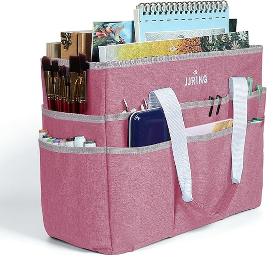 JJRING Craft Organizer Tote Bag, Large Art Storage Caddy with Multiple Pockets, Pink Sewing Bag for Art, Craft, Scrapbooking, Medical, and Office Supplies Storage