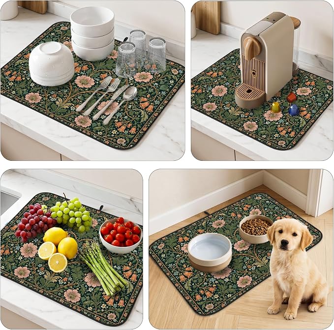 Vintage Floral Dish Drying Mat for Kitchen Counter Coffee Bar 18x24 in | Decorative Non Slip Absorbent Kitchen Dishes Drainer Mat, with Anti-slip Rubber Backing & Hanging Loop, for Sink, Home Gift - Image 9
