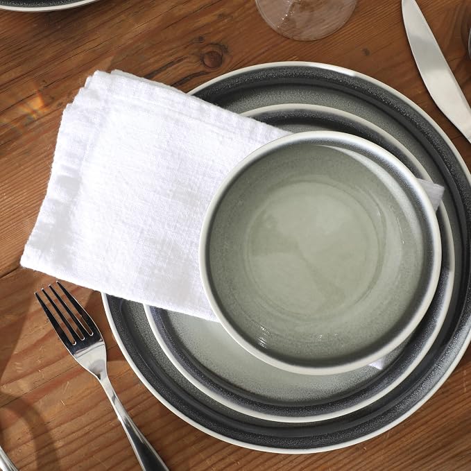Gibson Elite Island Bay 12-Piece New Bone China Dinnerware Set Service for 4, Reactive Glaze Plates and Bowls, Dishwasher and Microwave Safe, Black and Cream - Image 7