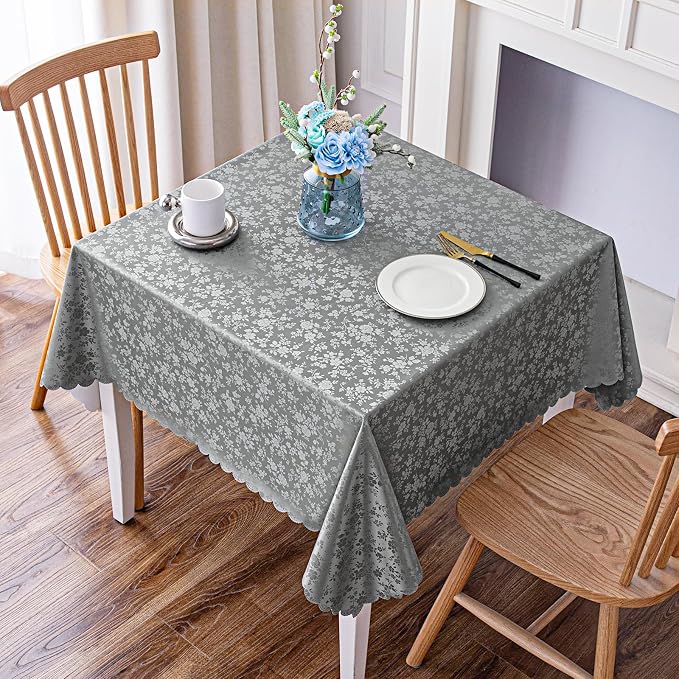 Smiry Square Waterproof Heavy Duty Vinyl Tablecloths, 70 x 70 Inch | Wipeable Washable Floral Embossed Table Cover for Kitchen and Dining Room, Indoor & Outdoor Use, Grey by Smiry