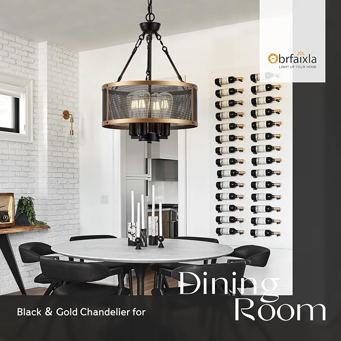 Modern 14" Small Black Gold Mesh Drum Chandelier for Dining Room Industrial Retro Semi Flush Mount 4-Light Round Ceiling Light Fixture for Kitchen Bedroom Living Room Hallway Entryway Foyer - Image 4