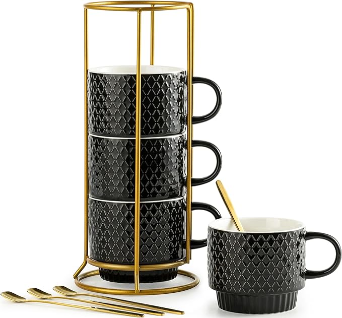 LYEOBOH Stackable Coffee Mugs Set of 4 with Rack & Spoons Coffee Mug Set 13 OZ., Ceramic Embossed Grinding Demitasse Cups Set Cappuccino Cup Halloween for Coffee, Latte, Macchiato, Espresso, Black by LYEOBOH