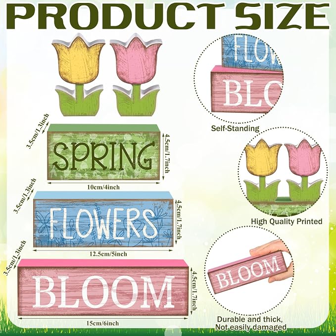Moucuny 4 Pcs Spring Table Decor Wooden Tulip Spring Tiered Tray Decor Flowers Table Centerpiece Decorative Colorful Tulip Block Signs Gift Farmhouse Flowers Decoration for Home Kitchen Shelf - Image 2