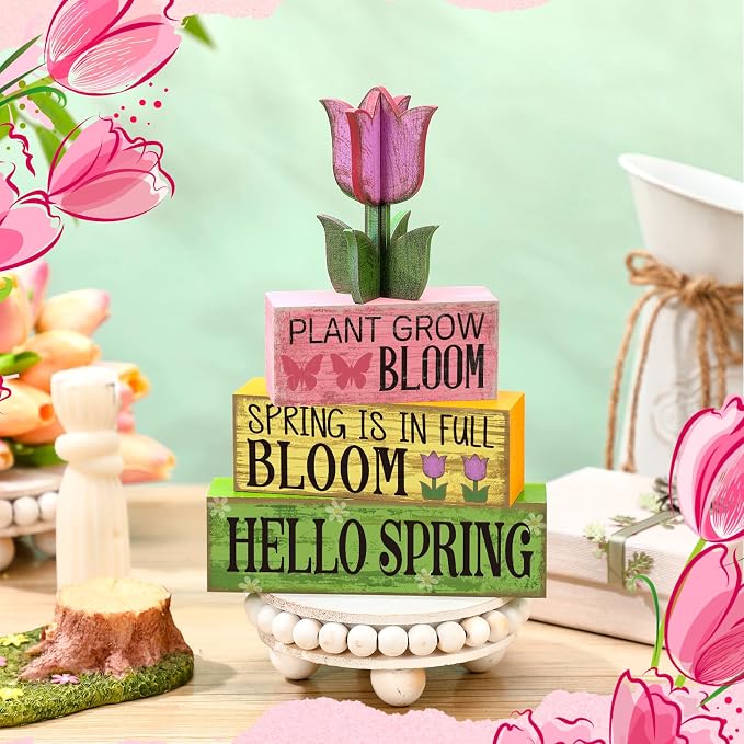 Moucuny 4 Pcs Spring Table Decoration Wooden Stacked Block Decor with Tulip Topper Spring Easter Tiered Tray Decor Platel Flower Table Centerpieces for Easter Party, Living Room, Kitchen - Image 5