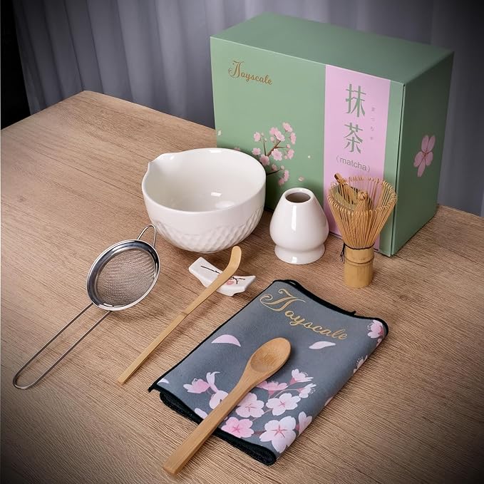 Joyscale Matcha Whisk Set, Matcha Set Whisk And Bowl, 8 Pcs Matcha Kit Set(Texture Design), 16 OZ, Japanese Matcha Tea Set, Matcha Making Kit Gifts for Tea Lovers(White)