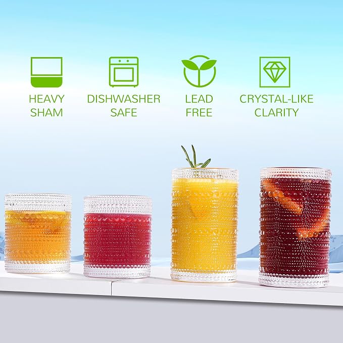 Vintage Hobnail Drinking Glasses Set of 12-14 oz Old Fashioned Water Glass Cups & 11 oz Cocktail Glasses, Aesthetic Kitchen Bar Tumbler Glassware Gifts Sets for Smoothie, Juice, Coffee, Wine - Image 3
