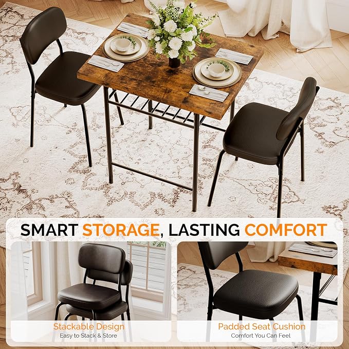 VINGLI Dining Table Set for 2, Small Kitchen Table Set with Upholstered Chairs, 3-Piece Dining Set with Storage Rack, Wood Dining Room Set with Metal Legs for Small Spaces, Living Room, Rustic Brown - Image 6
