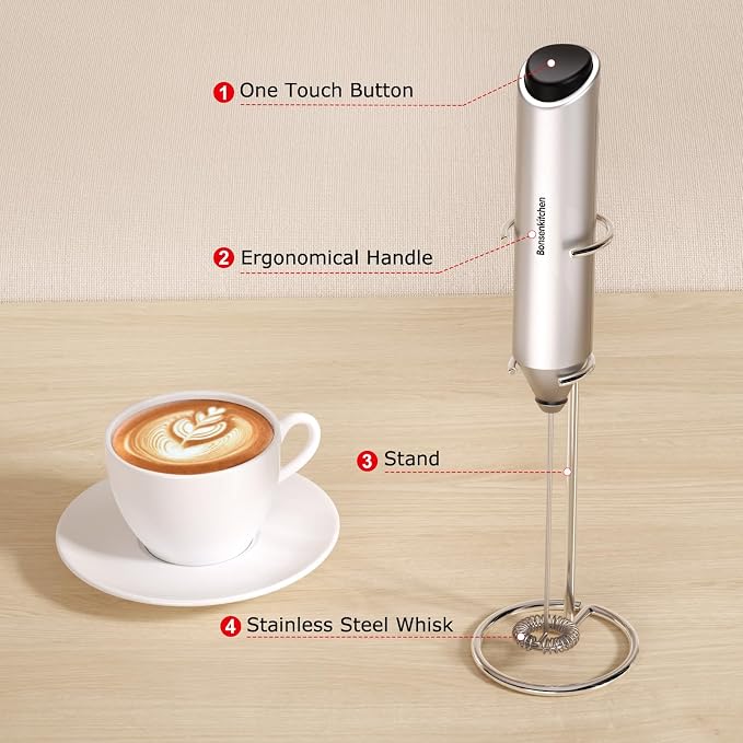 Bonsenkitchen Milk Frother with Stand for Coffee, Battery Operated Frother | Fast Handheld Drink Mixer with Stainless Steel Whisk, Powerful Hand Frother, Creates Rich Foam, Silver - Image 6