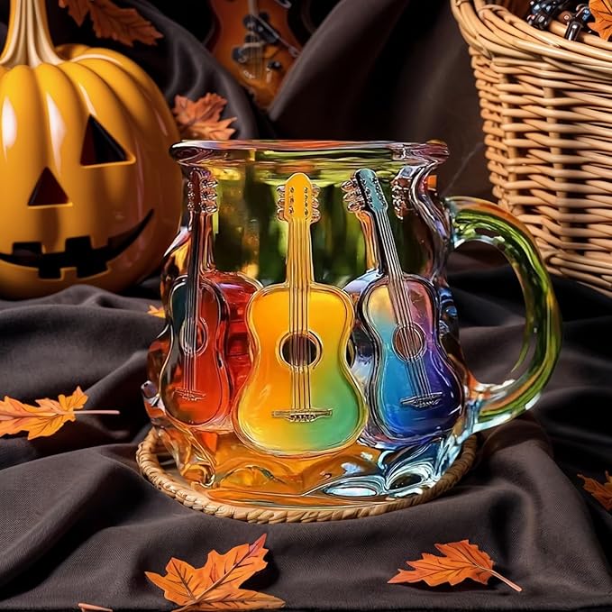 3D Guitar Art Glass Coffee Mug 12 oz – Colorful Handcrafted Cup for Coffee, Tea, Milk – Music Lover Gift – Artistic Glass Mug for Men & Women – Unique Home Décor