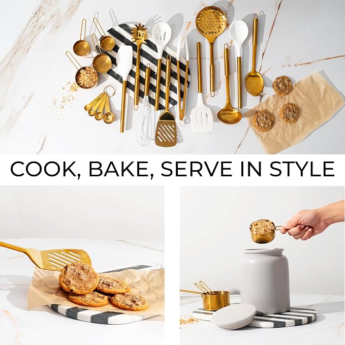 Gold Kitchen Utensils Set - 19-Piece Set Includes Stainless Steel Gold Utensils, White Silicone Tools, and Measuring Cups and Spoons - Luxury Kitchen Accessories for Modern Cooking, Serving, & Gifting | Stainless Steel, White Silicone Tools, and Measur... - Image 6